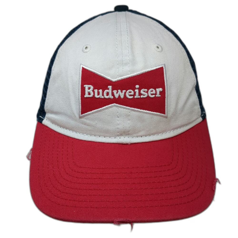 H3 Headwear Budweiser Trucker Hat White Red Blue One Size Distressed Mesh Logo